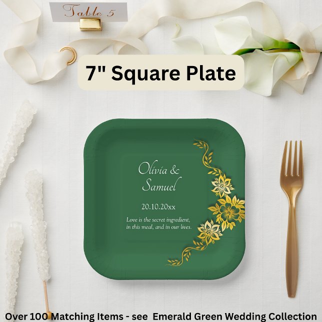 Names Date Message Emerald Green & Gold 7" Square Paper Plate (Creator Uploaded)