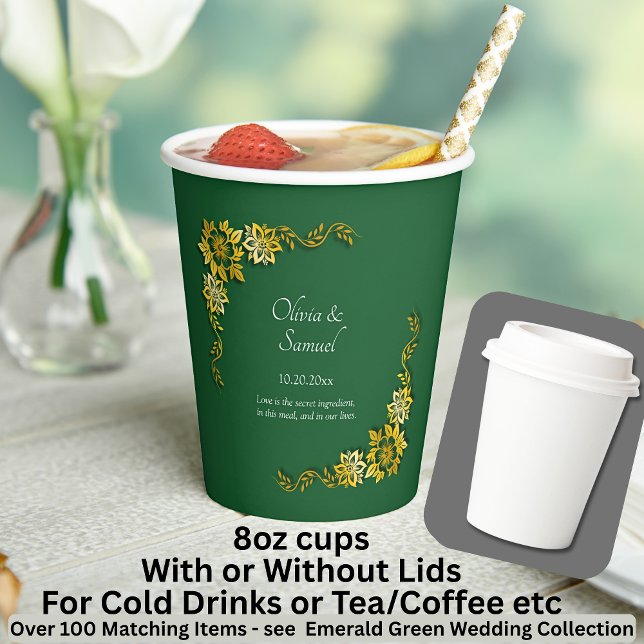 Names Date Message Emerald Green & Gold 8oz Paper Cups (Creator Uploaded)