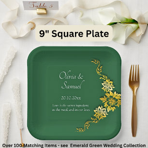 Names Date Message Emerald Green & Gold 9" Square Paper Plate