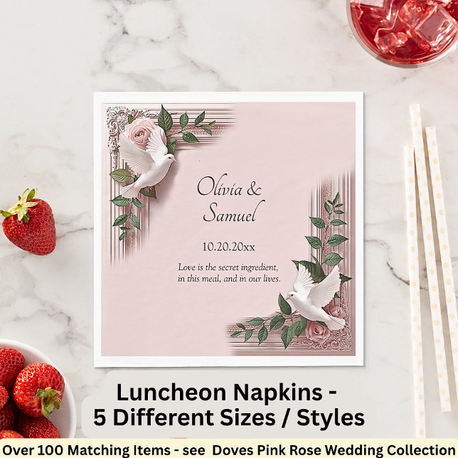 Names Date Message Pink Roses & Doves Luncheon Napkin (Creator Uploaded)