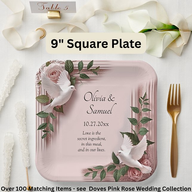 Names Date Message Pink Roses & Doves Wedding 9"  Paper Plate (Creator Uploaded)