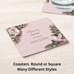Names Date Message Pink Roses & Doves Wedding Square Paper Coaster