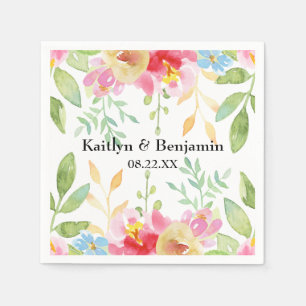 Names & Date w/ Colourful Watercolor Flowers Napkin
