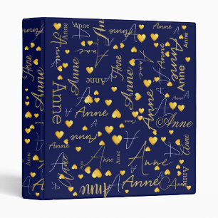 Names Gold Hearts all over Navy Blue Typography Binder