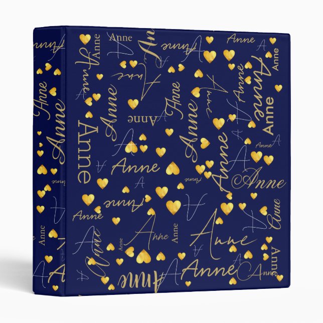 Names Gold Hearts all over Navy Blue Typography Binder (Front/Spine)
