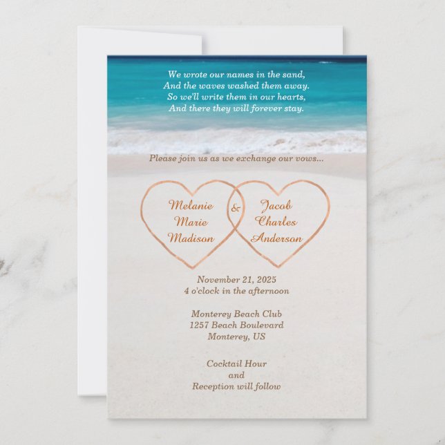 Names in Hearts on the Beach Wedding Invitation (Front)