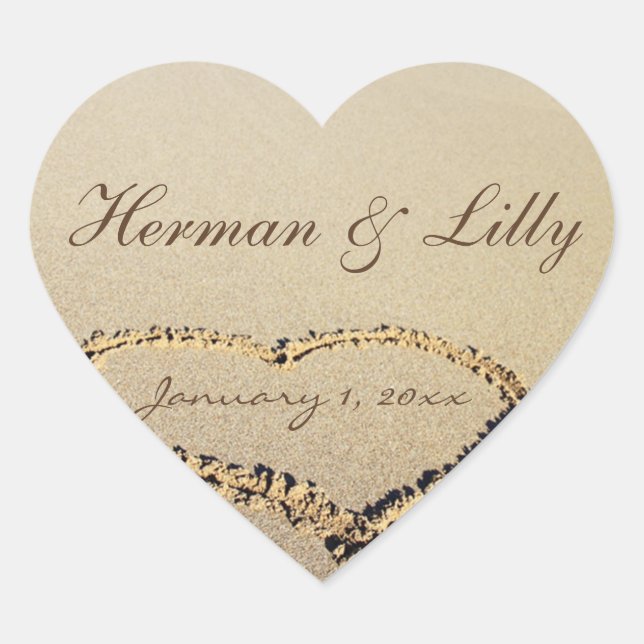 Names In The Sand Personalized Wedding Heart Sticker (Front)