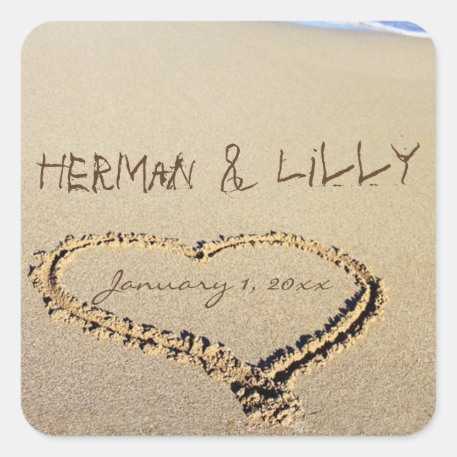 Names In The Sand Personalized Wedding Square Sticker (Front)