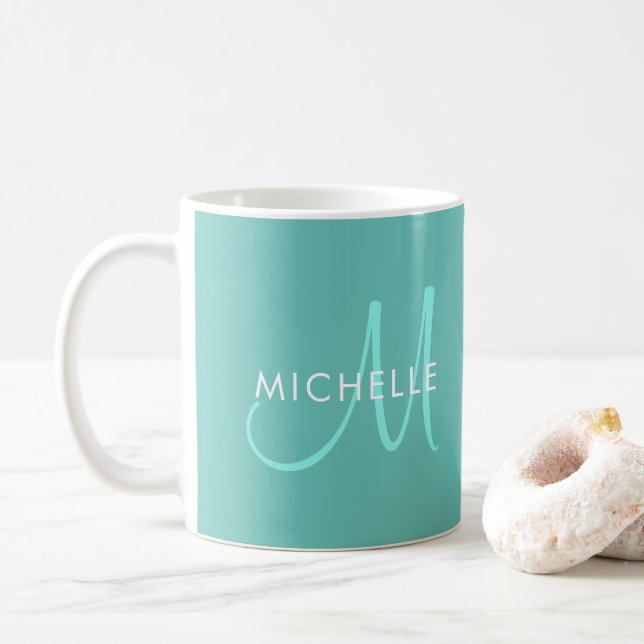 Names Initial Monogram Light Teal Template Custom Coffee Mug (With Donut)