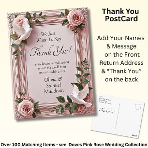 Names & Message on Pink Roses & Doves Wedding Postcard