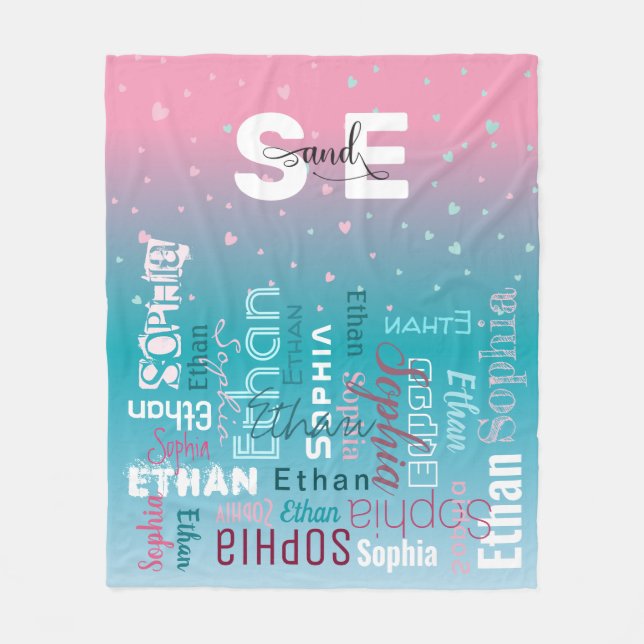 Names Pattern Typography Pink Blue Baby Boy Girl Fleece Blanket (Front)