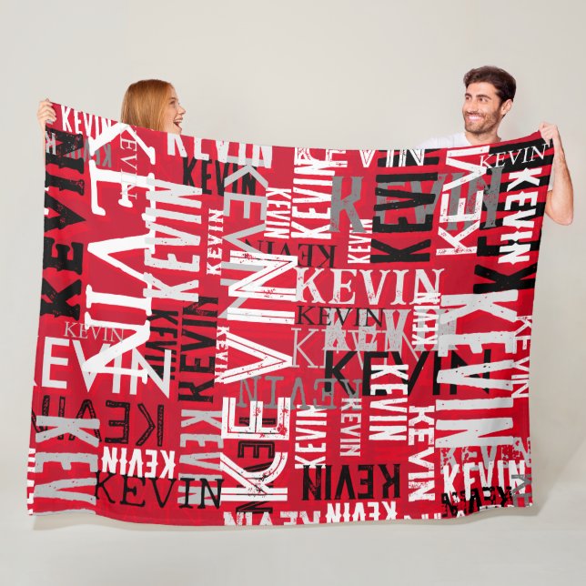 Names Repeated on Modern Red Colour Fleece Blanket (In Situ)