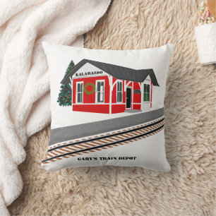 Name's Train Depot City Christmas Square Cotton Throw Pillow