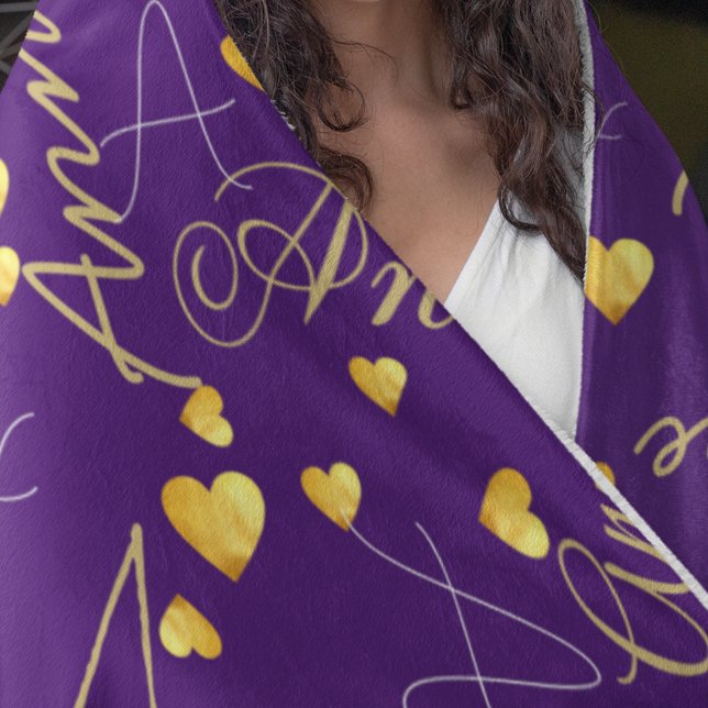 Names with Gold Hearts all over Purple Typography Fleece Blanket (Creator Uploaded)