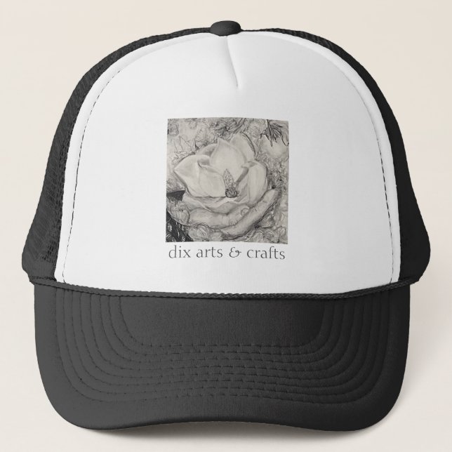 namesake magnolia, flowers, fabric, cotton, & hand trucker hat (Front)