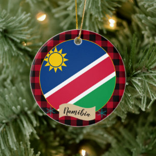 Namibia, Red buffalo plaid & Namibian Flag Ceramic Ornament