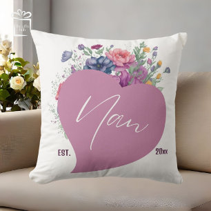 Nan Est 20xx Watercolor Wildflowers Heart Throw Pillow