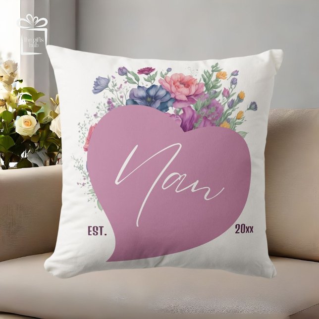 Nan Est 20xx Watercolor Wildflowers Heart Throw Pillow (Nan Est. 20xx)