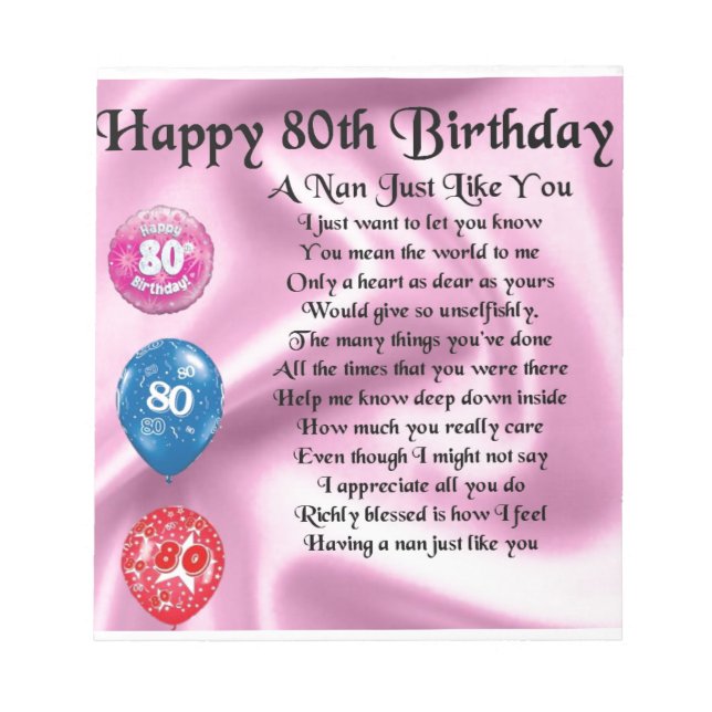 Nan Poem  -  80th Birthday Notepad (Front)