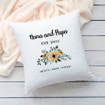 Nana and Papa | Rustic Sunflower and Names Throw Pillow<br><div class="desc">This pretty pillow made especially for your nana and papa features elegant script typography, and a stylish floral bouquet of golden yellow sunflowers with pretty green leaves. Add the year they first became grandparents, and all the grandkids' names for a beautiful keepsake they'll treasure. The back of the pillow has...</div>