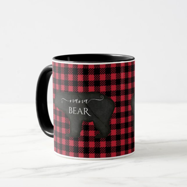 Nana Bear Black n Red Rustic Buffalo Check Plaid Mug (Front Left)