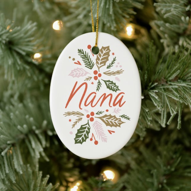 Nana Bright Holly Christmas Photo Ceramic Ornament (Tree)