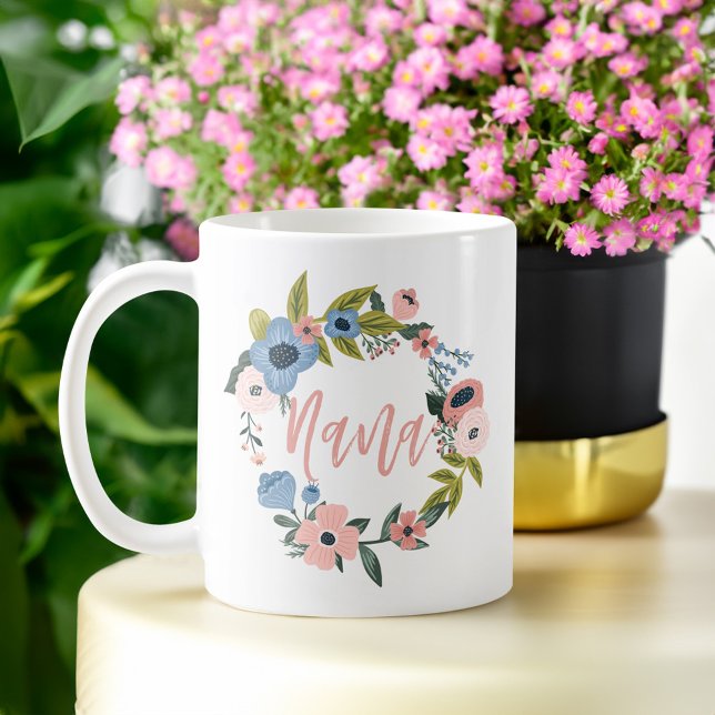 Nana Brush Script Floral Wreath & heart Photo Coffee Mug (Nana Brush Script Floral Wreath & heart Photo Coffee Mug)