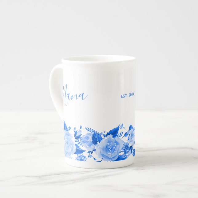 Nana China Blue Watercolor Floral Bone China Mug (Front Left)
