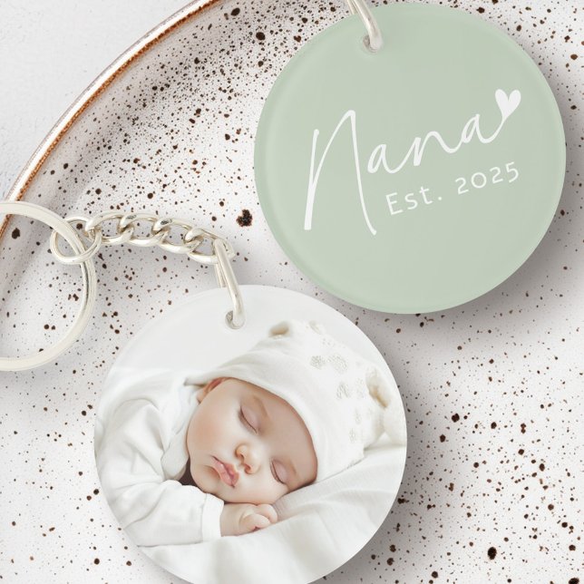 Nana Est year handwritten script green heart photo Keychain (Nana Est year handwritten script green heart photo Keychain)