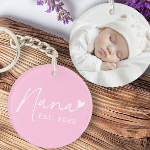 Nana Est year handwritten script heart pink photo Keychain