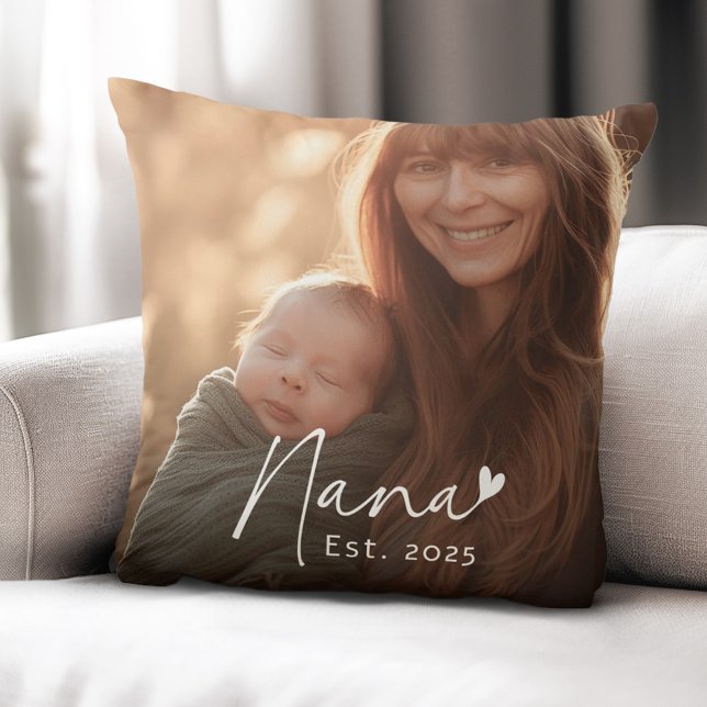 Nana Est year handwritten script with heart photo Throw Pillow (Nana Est year handwritten script with heart photo Throw Pillow)