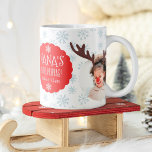 Nana little helper reindeer and santa photos  coffee mug<br><div class="desc">A fun cute design ,  add two photos ,  one with the santa hat and the other with reindeer antlers and ice blue snowflakes pattern. Nana's little helpers. An adorable design,  all elements can be moved and the colours are editable on red</div>