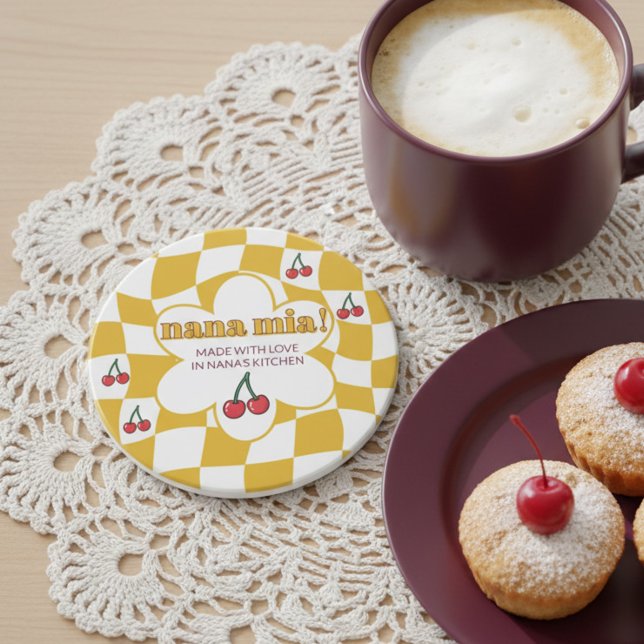 Nana Mia Retro Groovy Chequerboard and Cherry Coaster (Nana Mia coaster gift for grandmother with retro maximalism design)