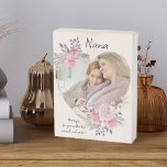 Nana Photo Pink Floral Frame Geometric Gold Heart Wooden Box Sign<br><div class="desc">Custom Photo block which you can personalize for anyone and add a favourite saying or words from the heart. Your photo is set into a geometric heart shaped gold frame. The gemstone frame is decorated with watercolor bouquets of pink flowers. It is lettered with the wording "Nana .. thank you...</div>