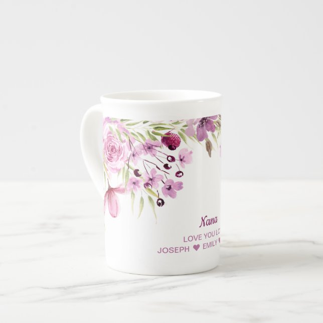 Nana Pink and Purple Floral Bone China Mug (Front Left)