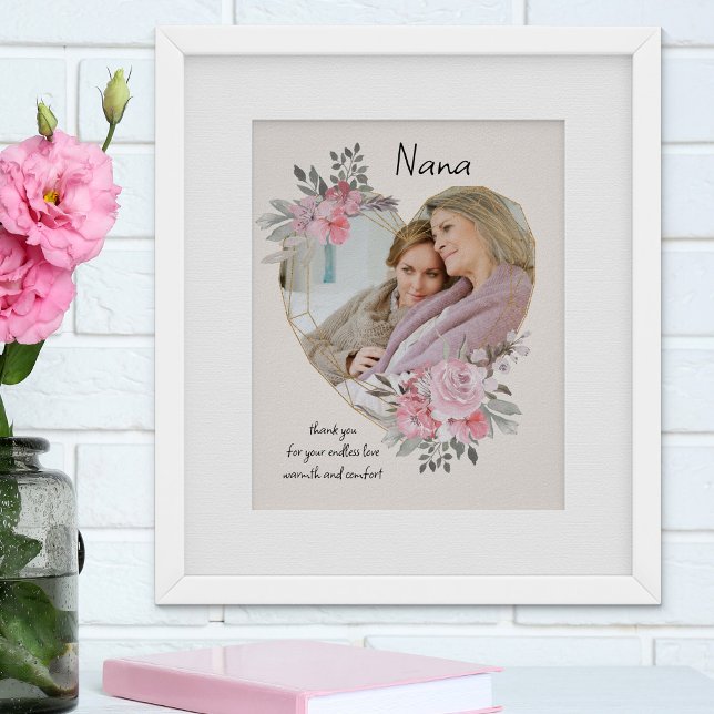 Nana Pink Floral Heart Shaped Photo Gold Frame Poster (Creator Uploaded)