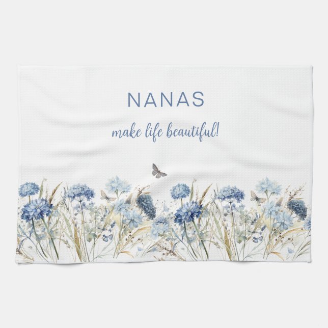 Nana’s Mother’s Day Dusty Blue Wildflowers Kitchen Towel (Horizontal)