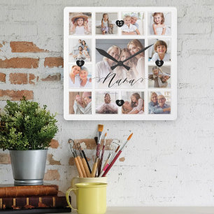 Nana Script Family Memory Photo Grid Collage Square Wall Clock