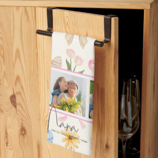 Nana Three photo pink bow Text script overlay  Kitchen Towel