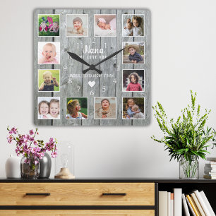 Nana We Love You 12 Photo Collage Gray Wood   Square Wall Clock