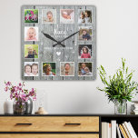 Nana We Love You 12 Photo Collage Grey Wood   Square Wall Clock<br><div class="desc">Rustic wood photo collage clock personalized with 12 pictures , grandchildren names and 'Nana We love you ' typography.</div>