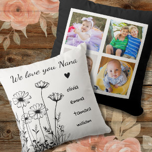 Nana We Love You Grandkids 4 Photo Collage Floral Throw Pillow