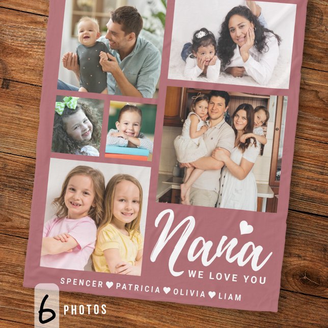 Nana We Love You Heart Grandkids 6 Photo Collage  Fleece Blanket (Creator Uploaded)