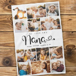 Nana We Love you Hearts Modern Photo Collage Kitchen Towel<br><div class="desc">We love you Nana! Cute, modern custom family photo collage kitchen towel to show grandma how much she's loved. We love this hand lettered script design with heart flourishes, making this a heartfelt keepsake gift for a beloved grandparent. Personalize with 12 favourite pictures and your personal message and names. Available...</div>