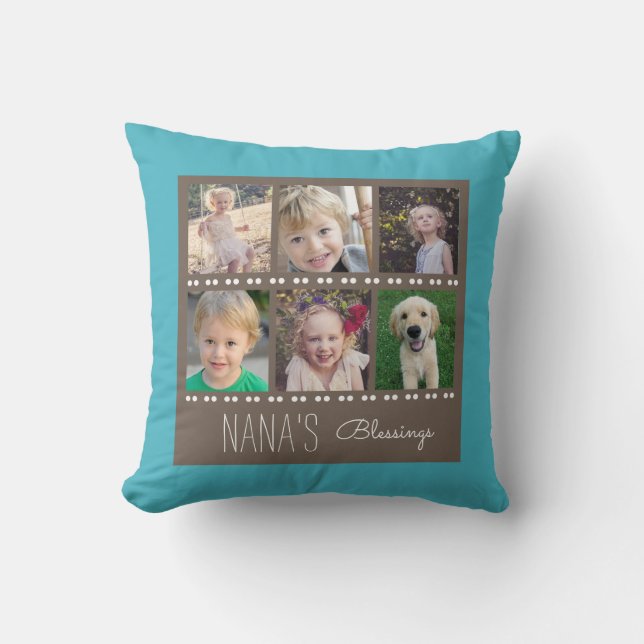 Nana's Blessings Photo Collage Teal and Brown Throw Pillow (Front)