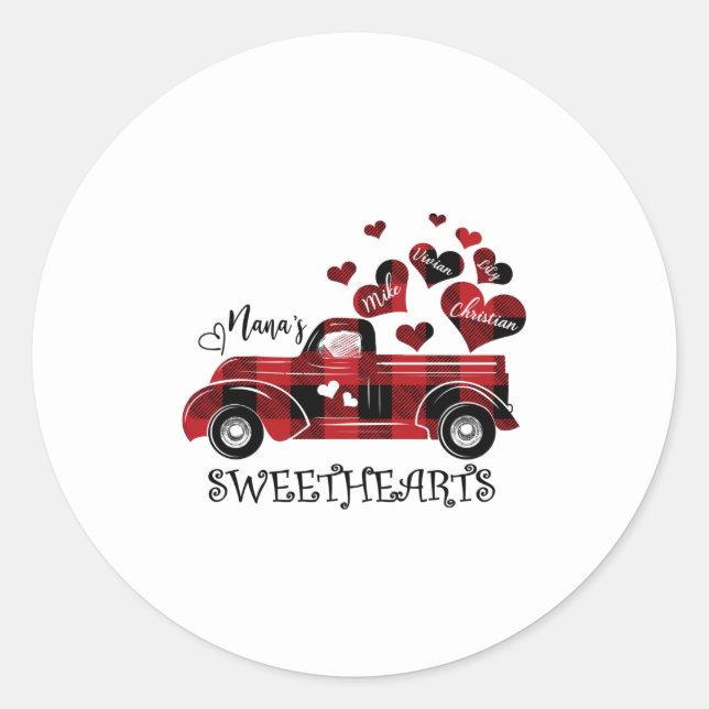 Nana's Sweethearts Red Buffalo Plaid Truck Heart Classic Round Sticker (Front)