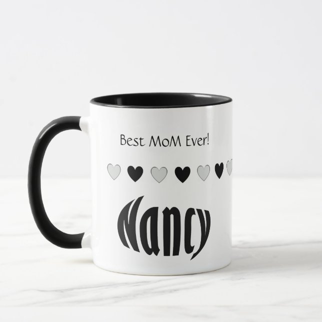 NANCY Personalized Name, Black and White Hearts Mug (Left)