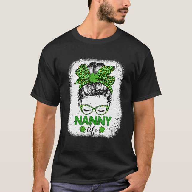 Nanny Clover Messy Bun Leopard Funny St Patrick's T-Shirt (Front)