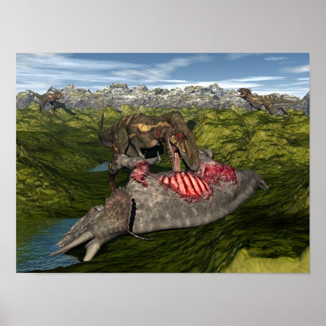 Nanotyrannus eating dead triceratops poster (Front)