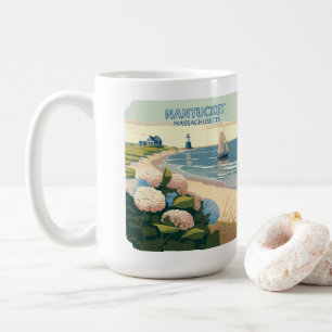 Nantucket Beach Hydrangeas Lighthouse Boat Retro Coffee Mug